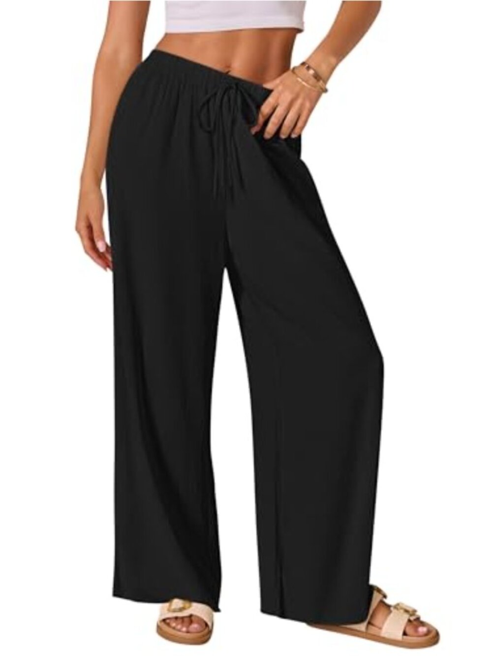 Cotton Linen Palazzo Pants Drawstring Elastic Waist Wide Leg Lounge Trousers